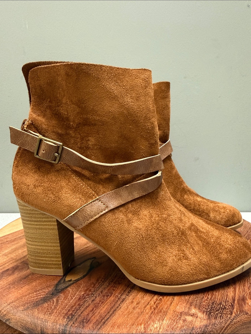 new directions Tan Suede Wrap-Strap Block Heel Ankle‎ Boots